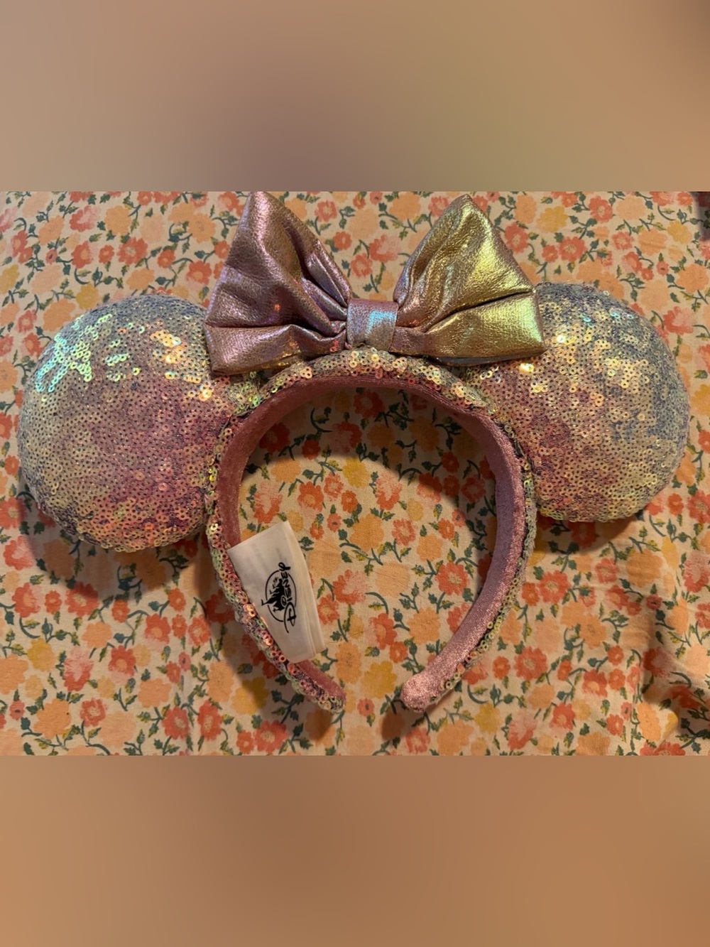 Disney Pink Iridescent Sequin Minnie Mouse Ear Headband with Gold Bow